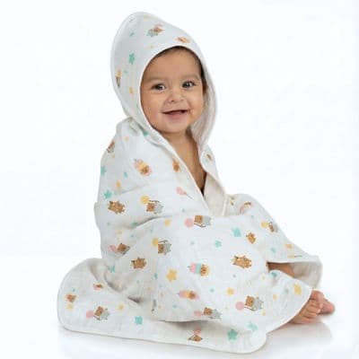 Muslin Hooded Bath Towel - Teddy Star Party