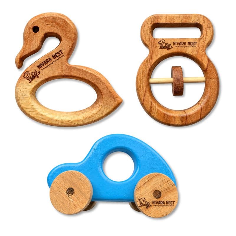 Wooden Crane Teether Grasping Rattle Racing Blue Car