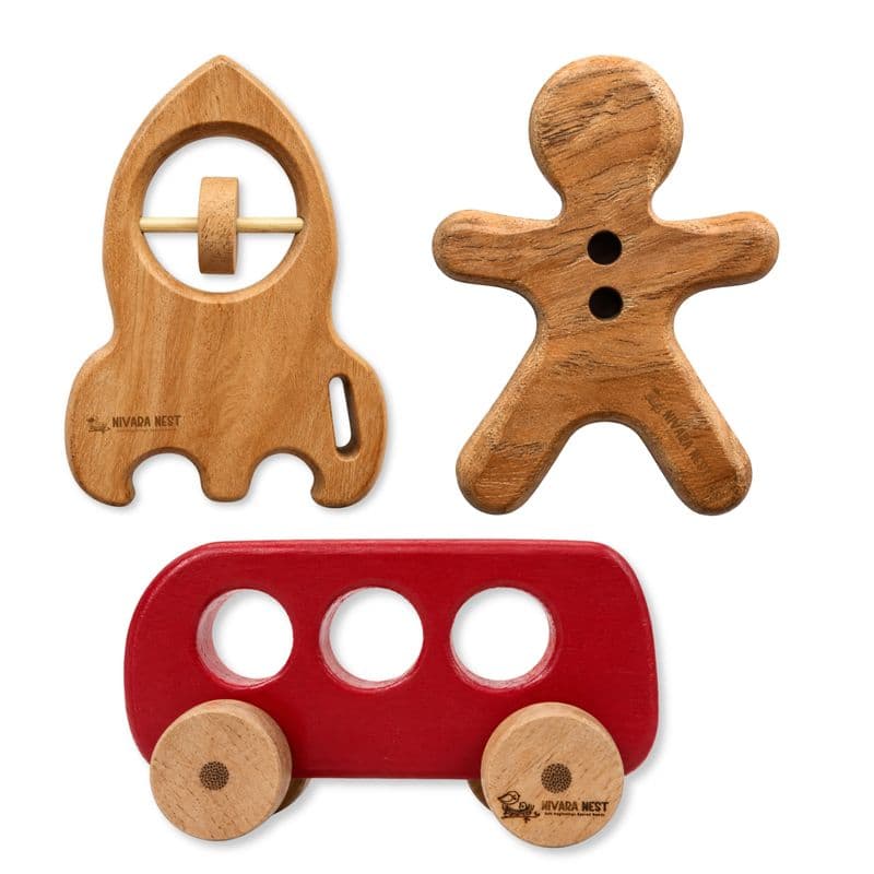 Wooden Human Teether Rocket Rattle Racing Red Bus